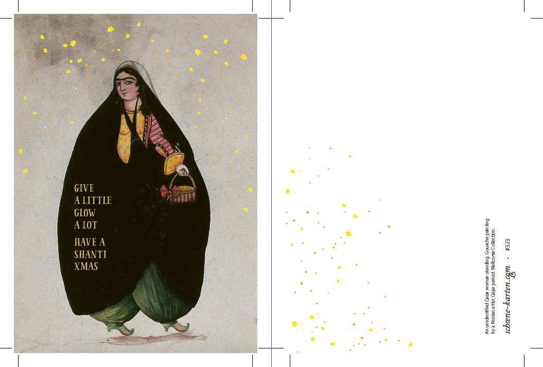 Yoga Weihnachtspostkarte, Frau mit Geschenk